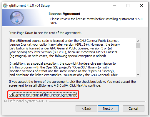 acceptere licensaftalen fra qBittorrent