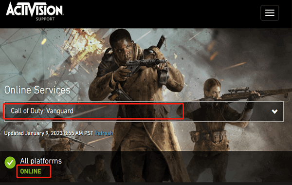 проверить статус сервера Vanguard на Activision