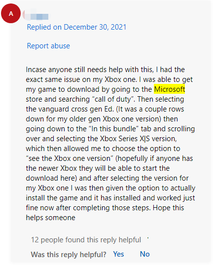 пользовательский отчет из ответов на форуме Microsoft