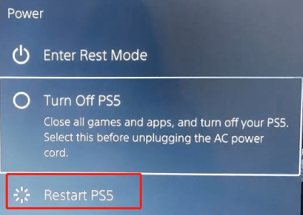 выберите «Перезагрузить PS5».