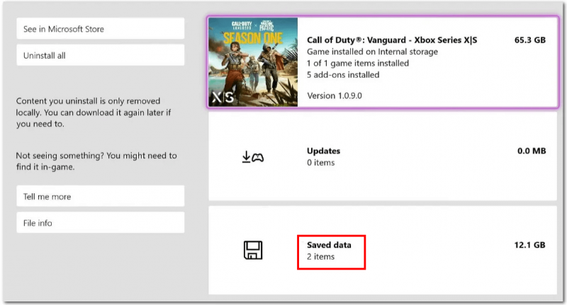 выберите сохраненные данные для Vanguard Xbox