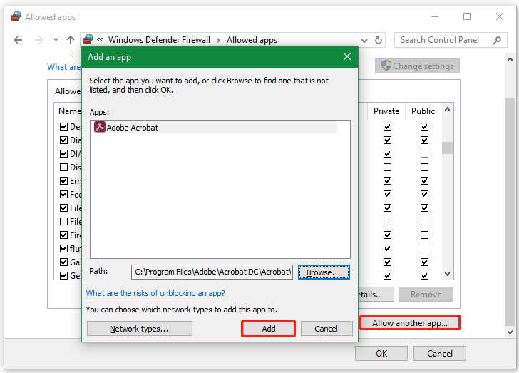   tilføje Acrobat-stien til Windows Defender