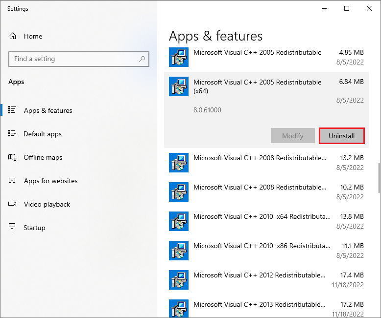 verwijder alle Microsoft Visual C ++ -programma's