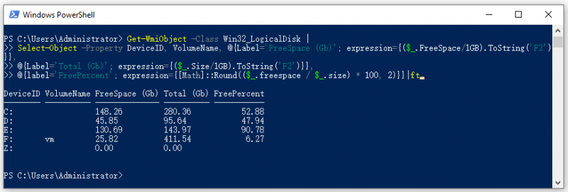   kør Hent WmiObject Win32 LogicalDisk i PowerShell