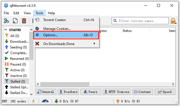 selecteer Extra en opties in qBittorrent