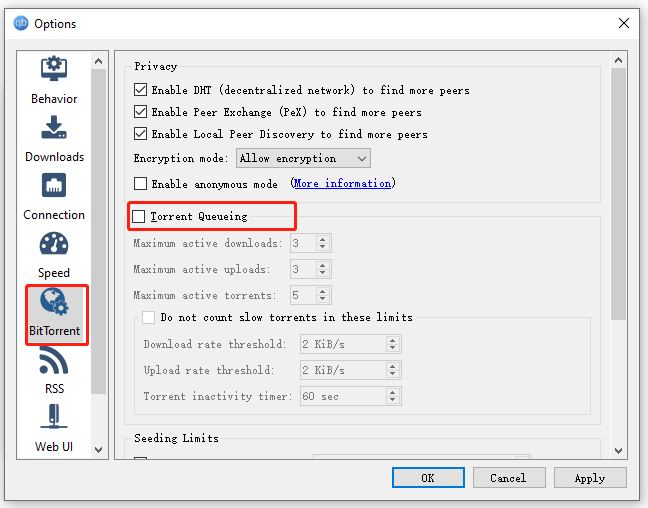 verwijder het vinkje bij Torrent Queuing