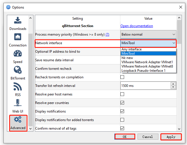 verander de netwerkinterface in qBittorrent