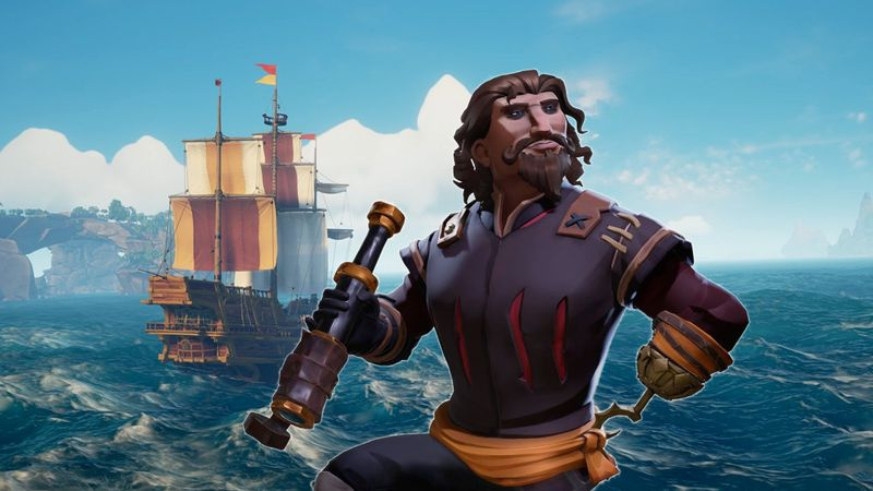 Sea of Thieves -merirosvo seisoo galleonin edessä.