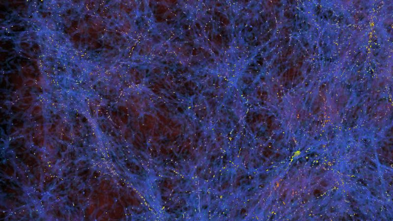 Simulation der großräumigen Struktur im Universum, die Dichtefilamente in Blau und Orte der Galaxienentstehung in Gelb zeigt.
