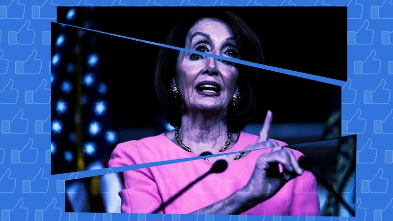 Une illustration photo montrant une photo de Nancy Pelosi et des pouces vers le haut de Facebook