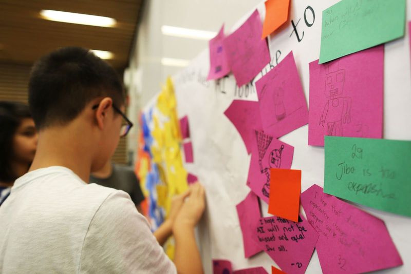 Étudiant au tableau blanc rempli de post-it