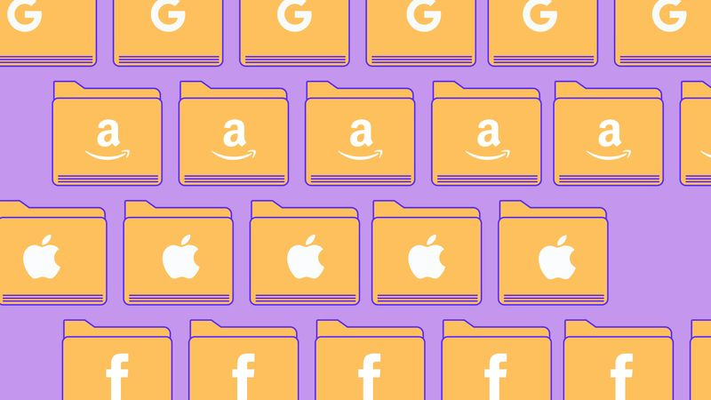 Ein Bild von Dateiordnern mit Google-, Amazon-, Apple- und Facebook-Logos