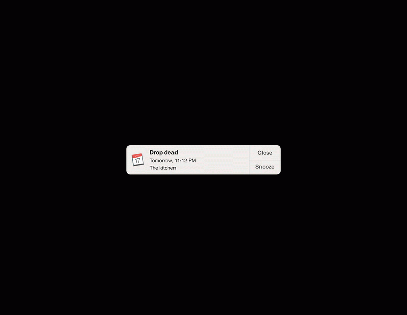 Obrázek oznámení kalendáře iOS s nápisem Drop dead, Tomorrow 23:12, The Kitchen. Bylo vybráno tlačítko pro odložení události.