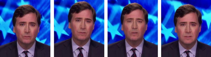 Vier Videostandbilder, die das Originalvideo von Tucker Carlson widerspiegeln. Das Gesicht auf dem Lautsprecher scheint das des Schauspielers Nicolas Cage zu sein.