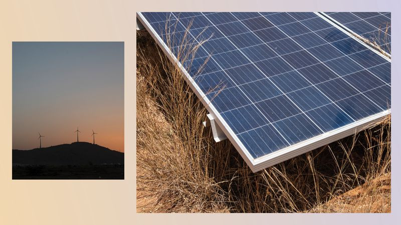 Fotocollage, die eine Landschaft mit Windkraftanlagen in der Ferne und eine Nahaufnahme eines Solarpanels zeigt.
