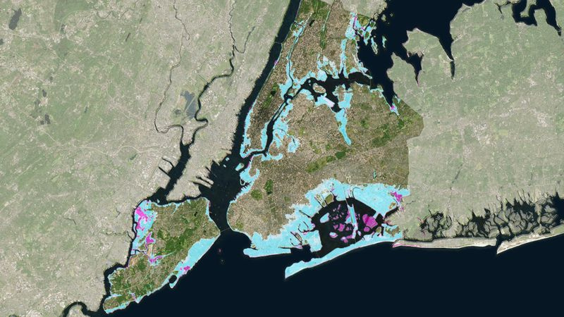 Carte satellite de la ville de New York avec ombrage de cartographie des inondations prévues